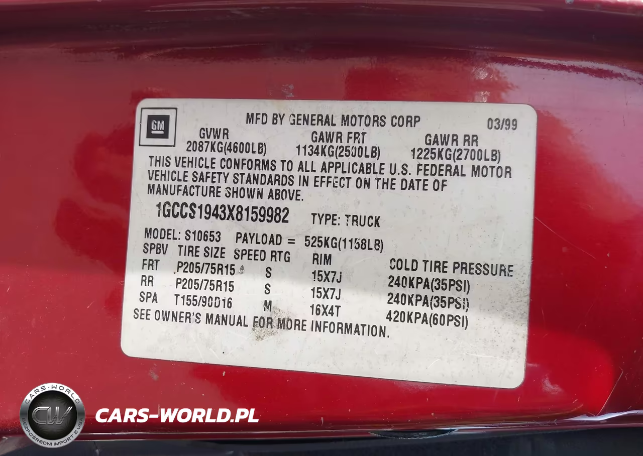 1999 Chevrolet S-10 Ls VIN:1GCCS1943X8159982 - 9