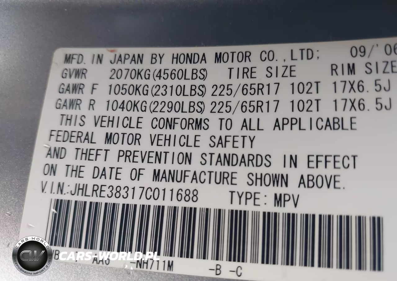2007 Honda Cr-V Lx VIN:JHLRE38317C011688 - 9