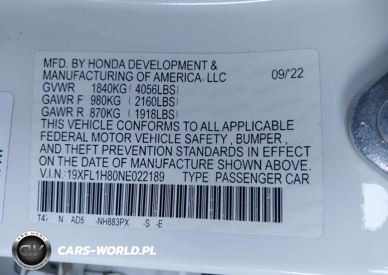 2022 Honda Civic Sport Touring VIN:19XFL1H80NE022189 - 9