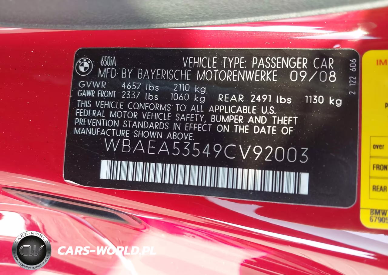 2009 BMW 650I VIN:WBAEA53549CV92003 - 9