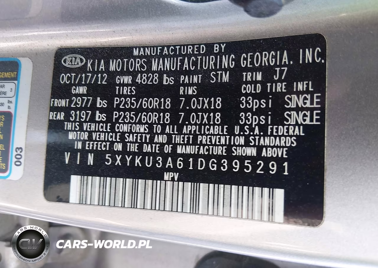 2013 Kia Sorento Ex VIN:5XYKU3A61DG395291 - 9