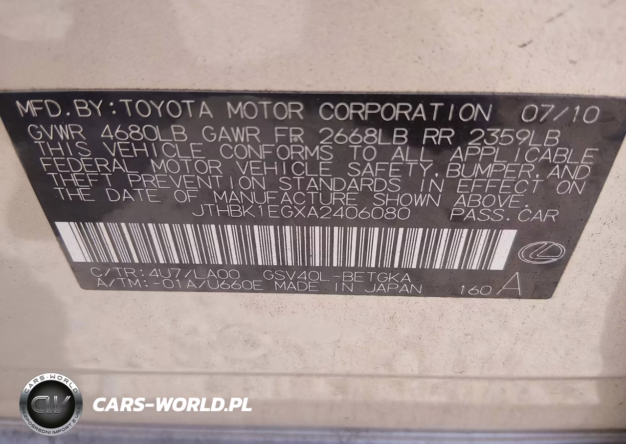 2010 Lexus Es 350 VIN:JTHBK1EGXA2406080 - 9