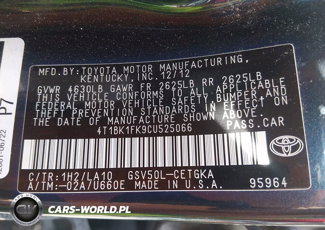 2012 Toyota Camry Xle V6 VIN:4T1BK1FK9CU525066 - 9