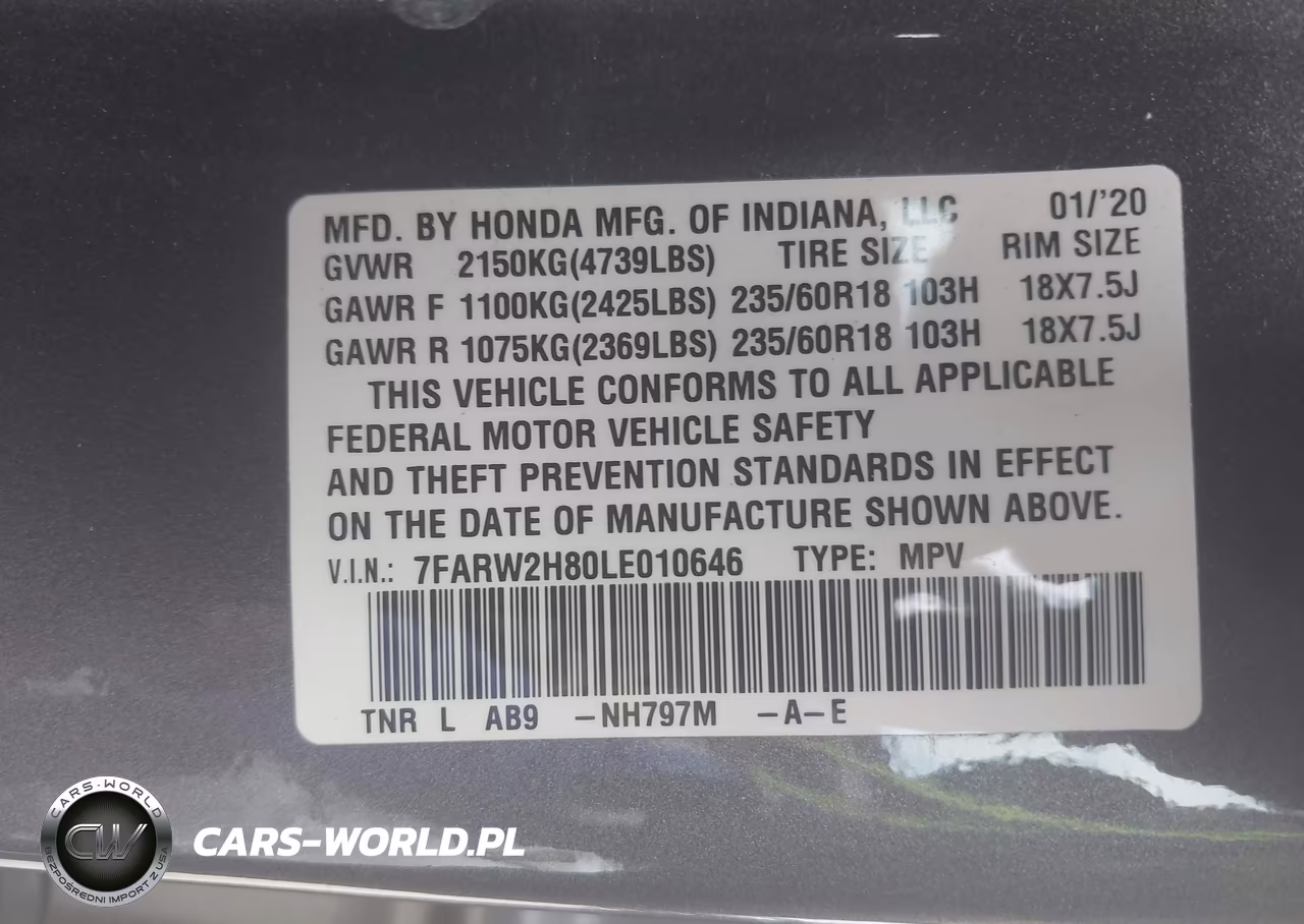 2020 Honda Cr-V Awd Ex-L VIN:7FARW2H80LE010646 - 9