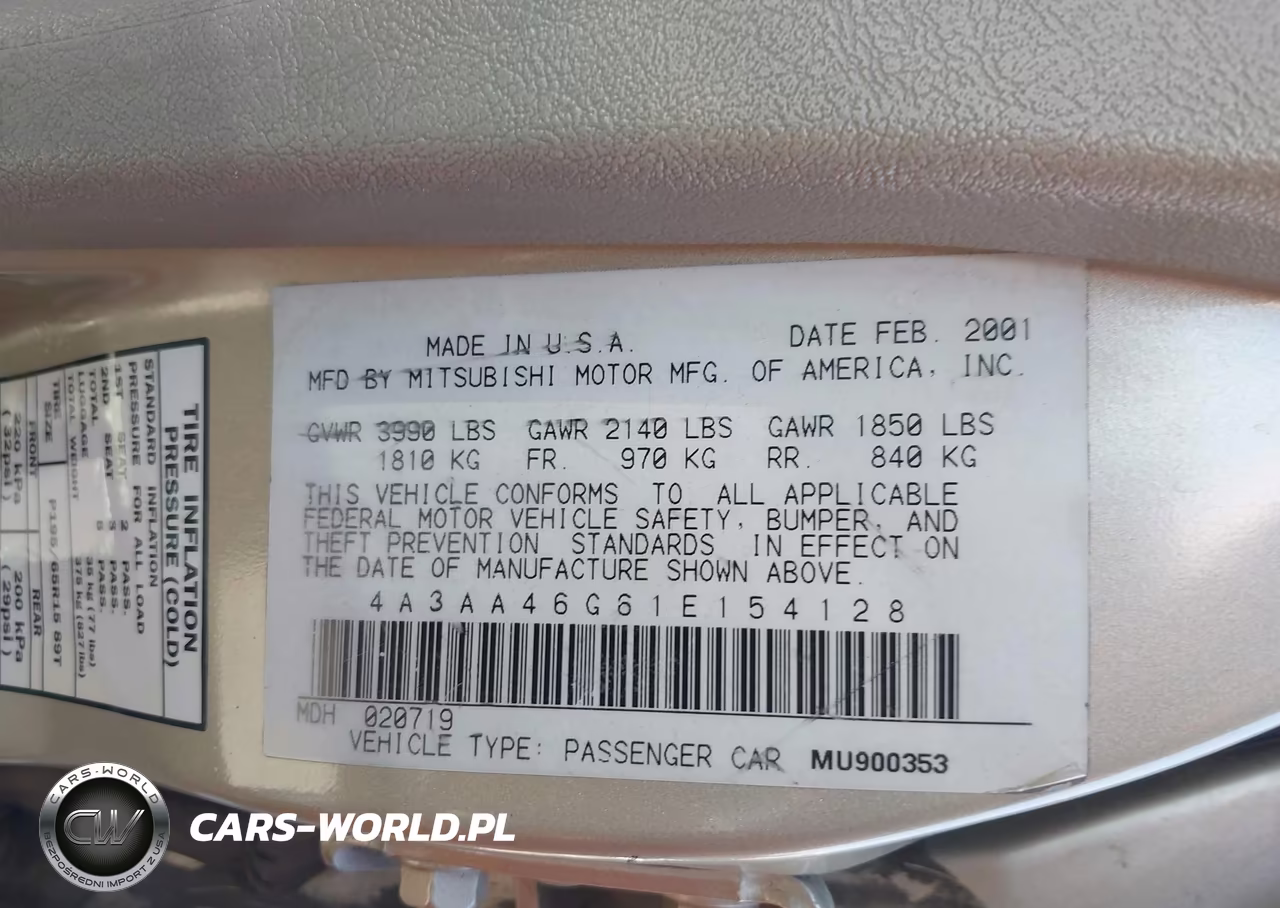 2001 Mitsubishi Galant Es VIN:4A3AA46G61E154128 - 9