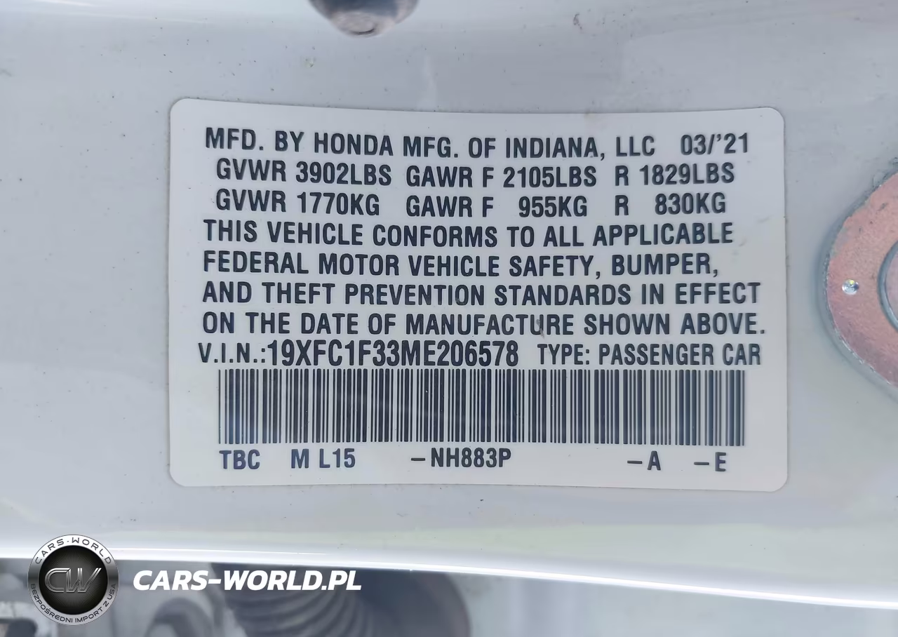 2021 Honda Civic Ex VIN:19XFC1F33ME206578 - 9