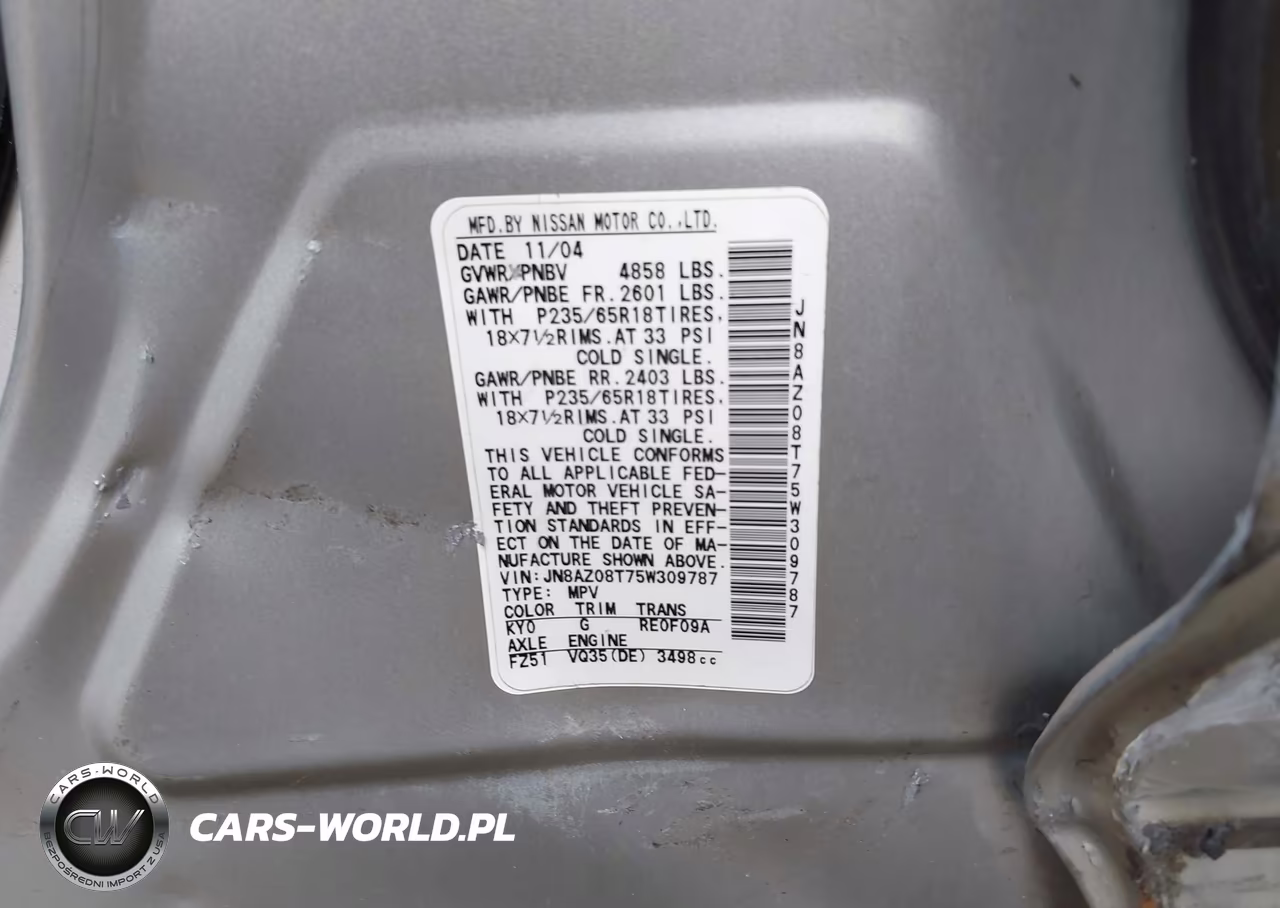 2005 Nissan Murano Sl VIN:JN8AZ08T75W309787 - 9