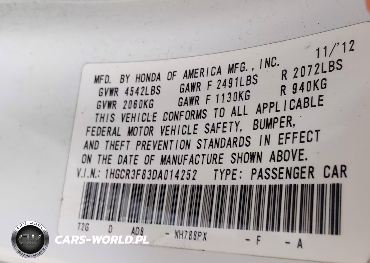 2013 Honda Accord Ex-L V-6 VIN:1HGCR3F83DA014252 - 9