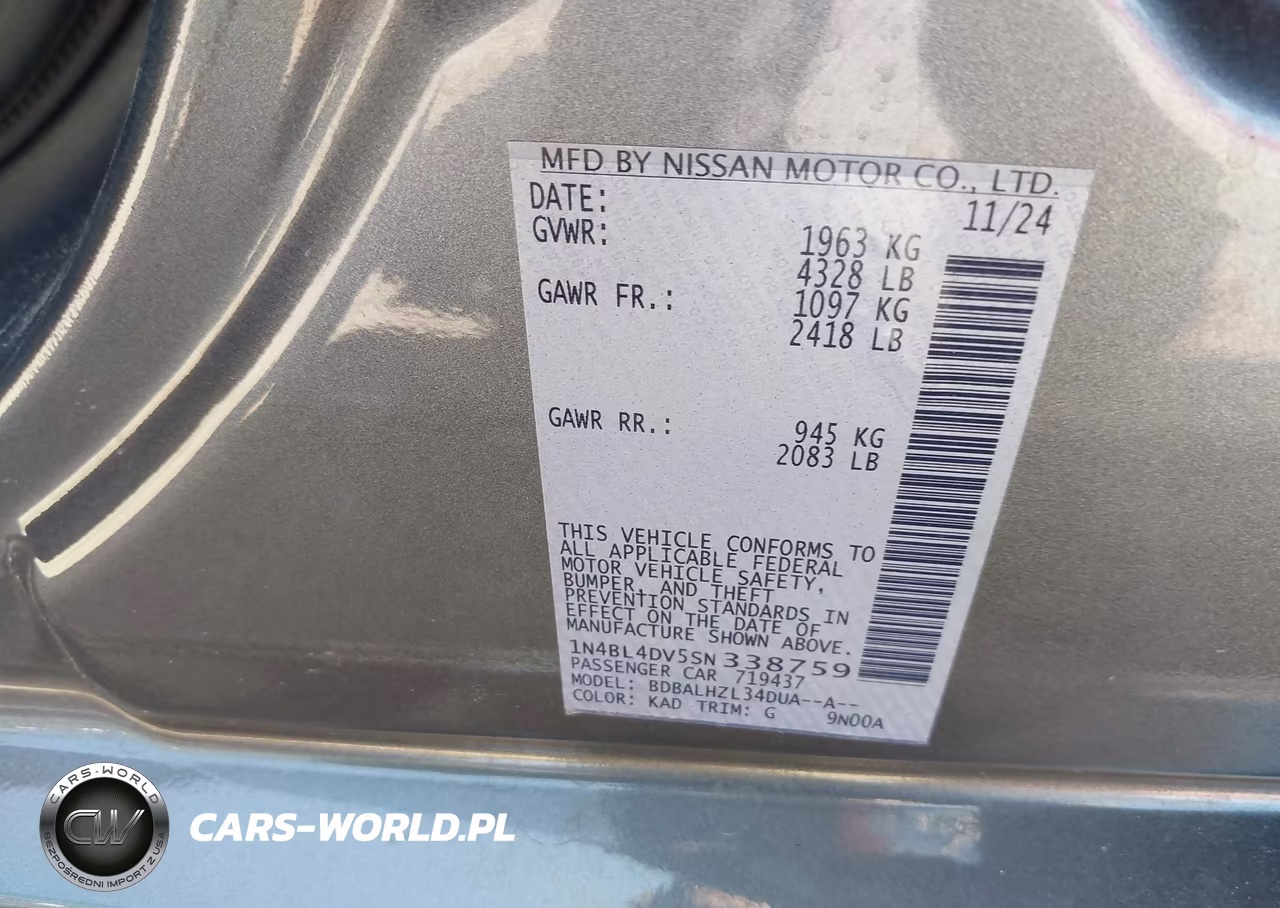 2025 Nissan Altima Sv Fwd VIN:1N4BL4DV5SN338759 - 9