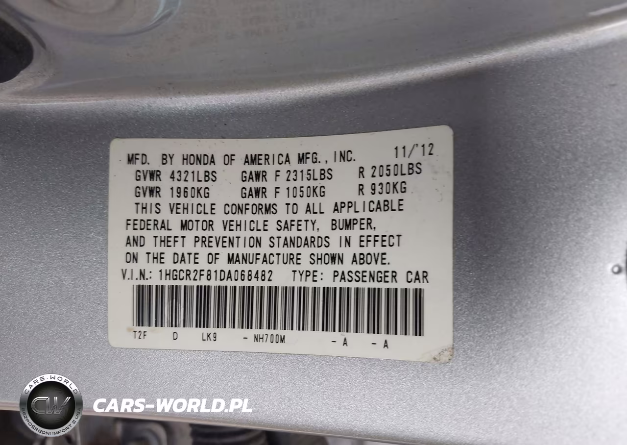 2013 Honda Accord Ex-L VIN:1HGCR2F81DA068482 - 9