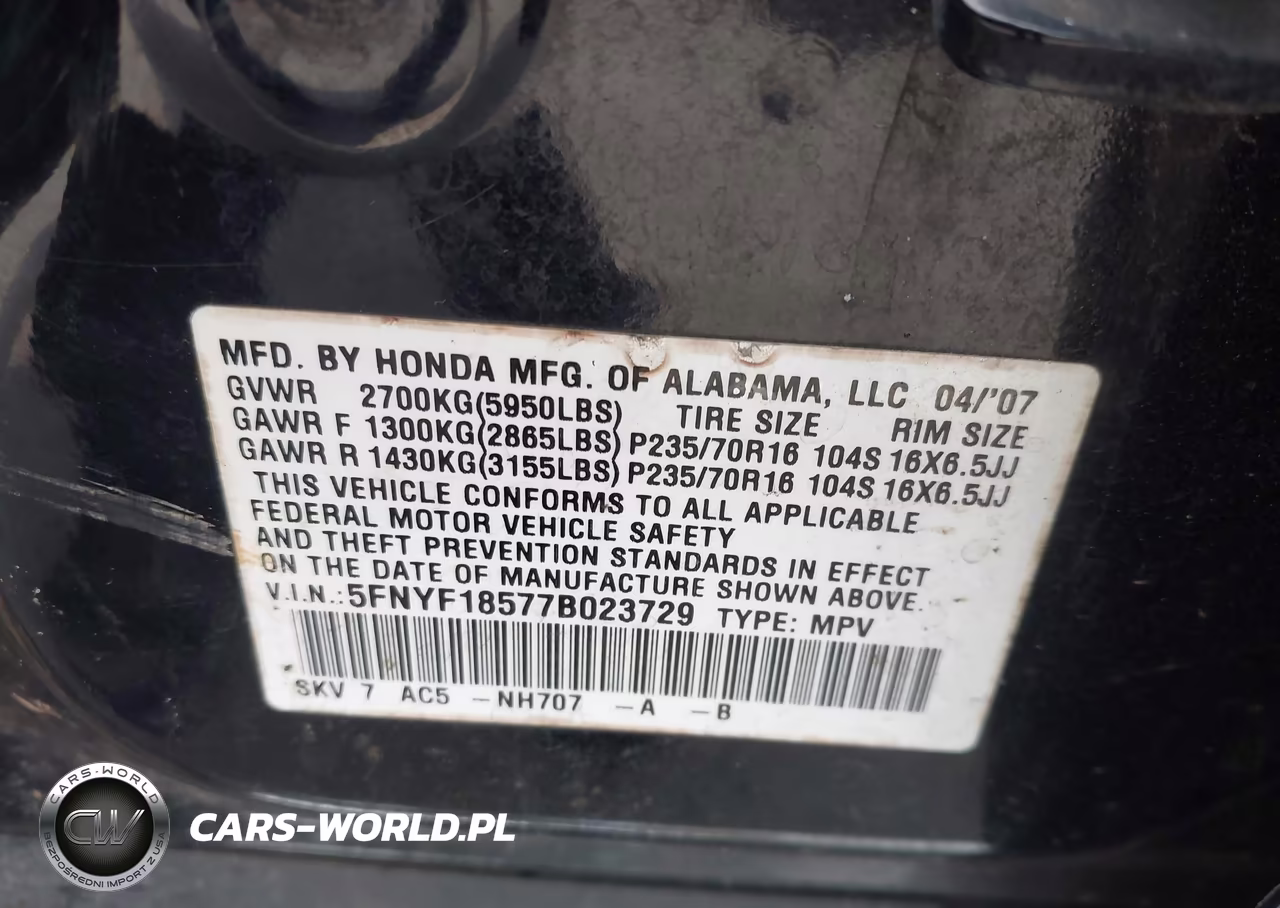 2007 Honda Pilot Ex-L VIN:5FNYF18577B023729 - 9