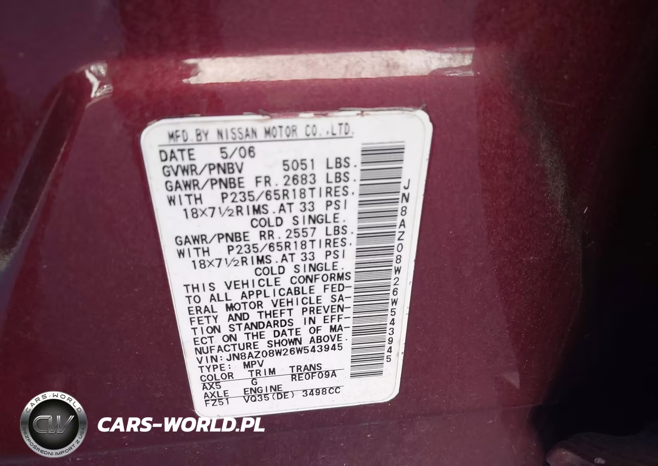 2006 Nissan Murano S VIN:JN8AZ08W26W543945 - 9