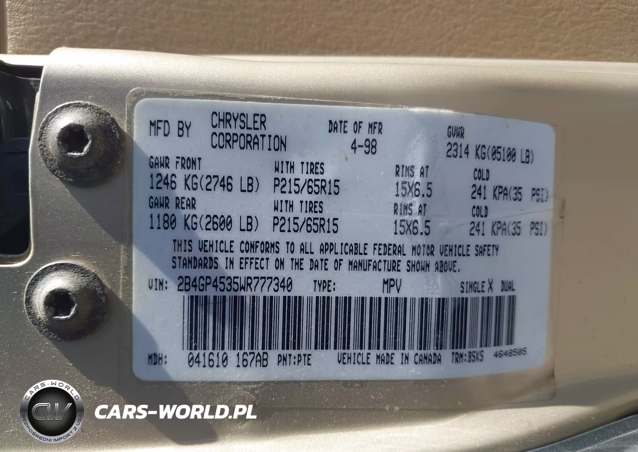 1998 Dodge Caravan Se VIN:2B4GP4535WR777340 - 9