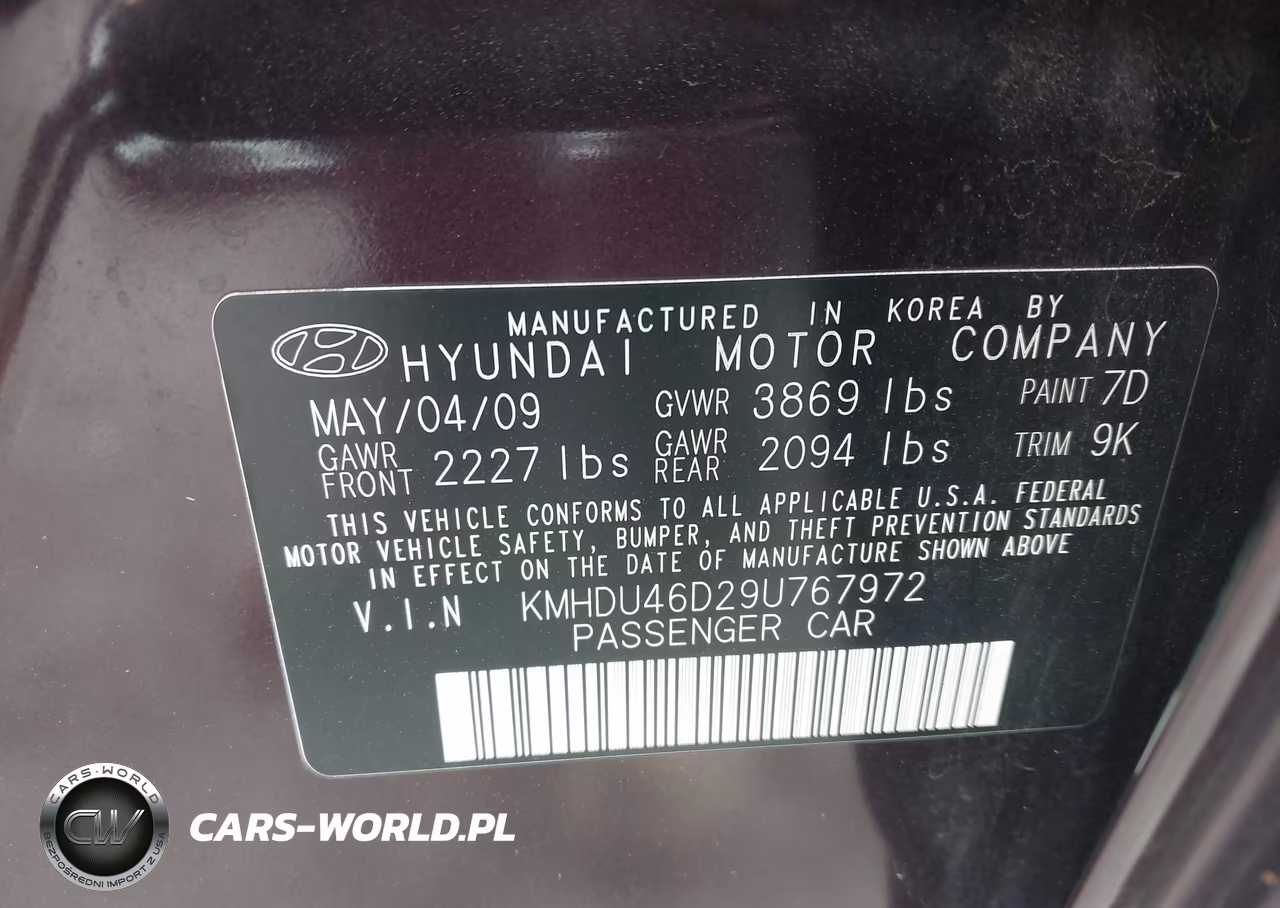 2009 Hyundai Elantra Gls VIN:KMHDU46D29U767972 - 9