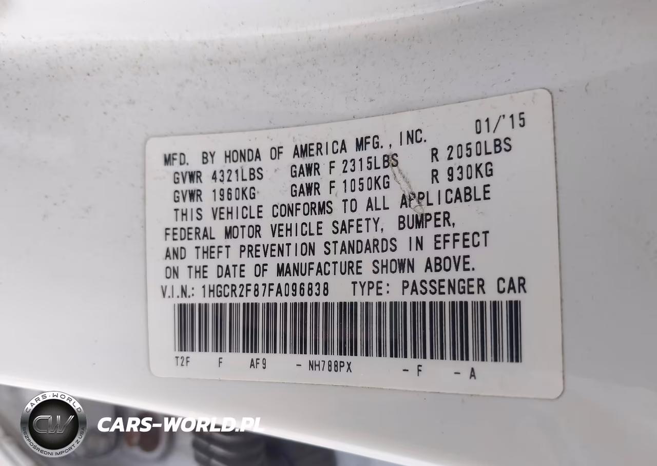 2015 Honda Accord Ex-L VIN:1HGCR2F87FA096838 - 9