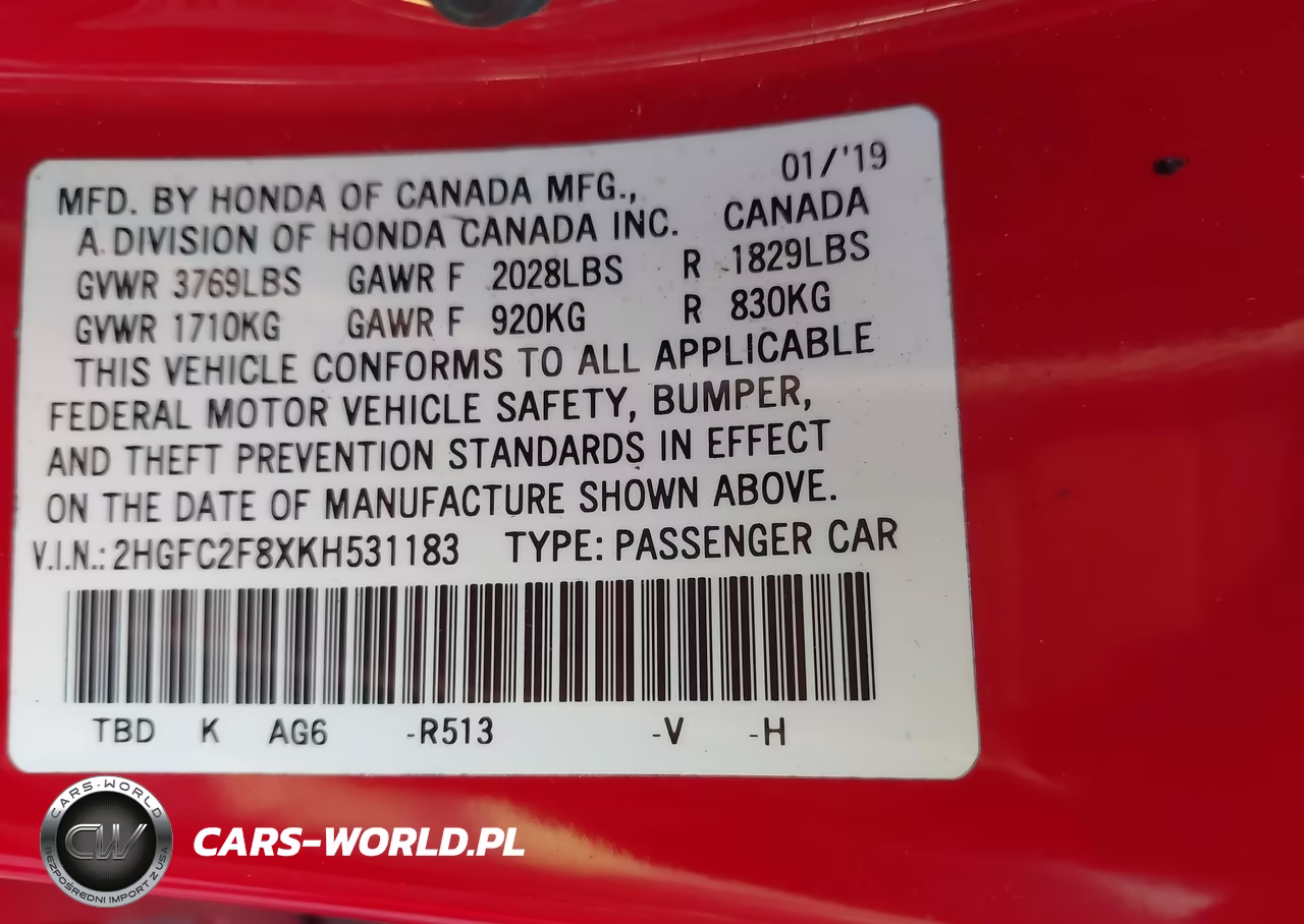 2019 Honda Civic Sport VIN:2HGFC2F8XKH531183 - 9