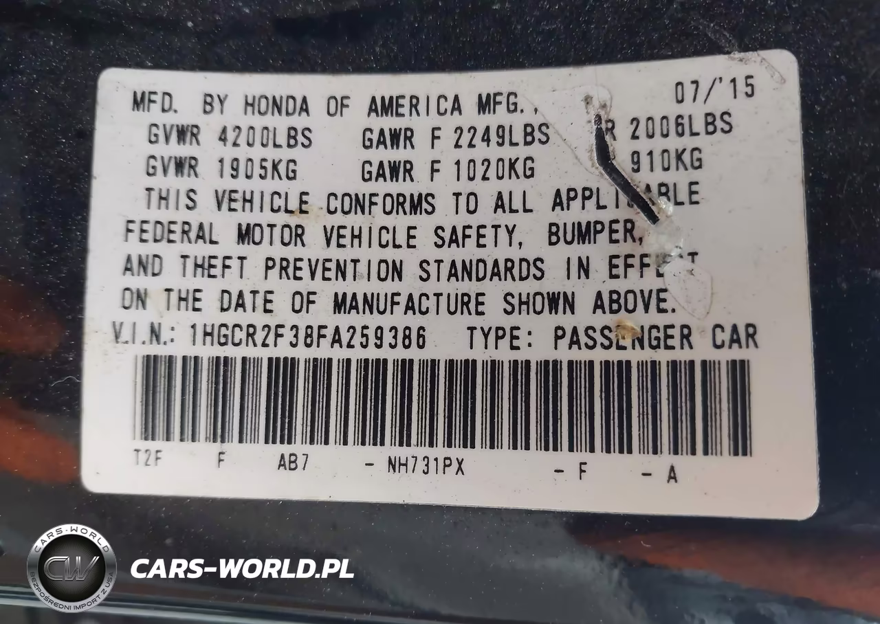 2015 Honda Accord Lx VIN:1HGCR2F38FA259386 - 9
