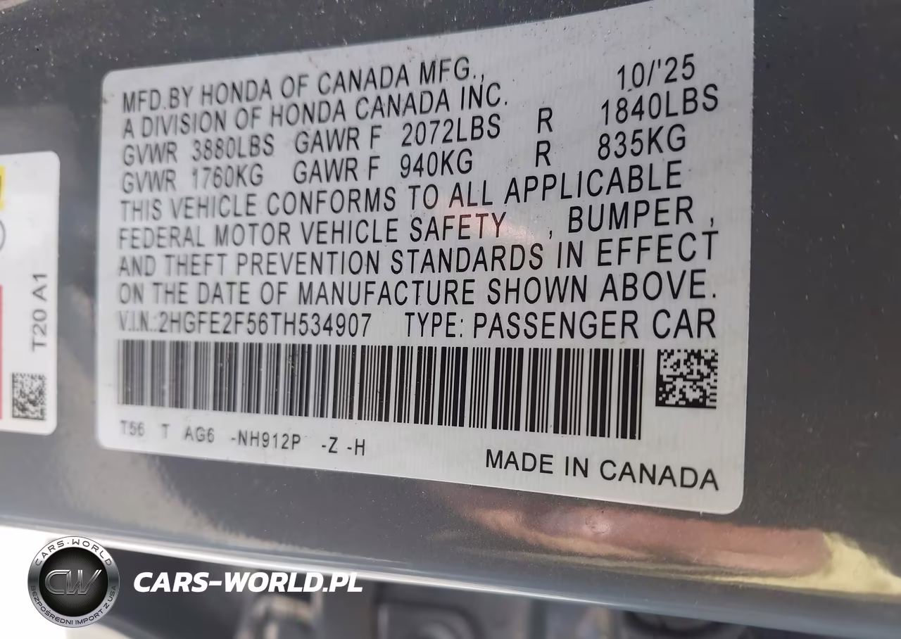 2026 Honda Civic Sport VIN:2HGFE2F56TH534907 - 9
