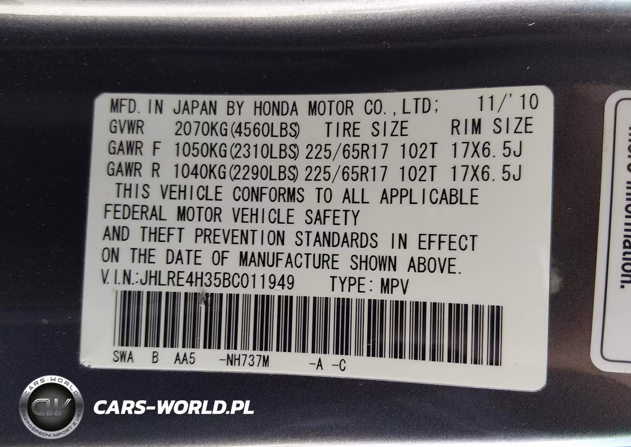 2011 Honda Cr-V Lx VIN:JHLRE4H35BC011949 - 9