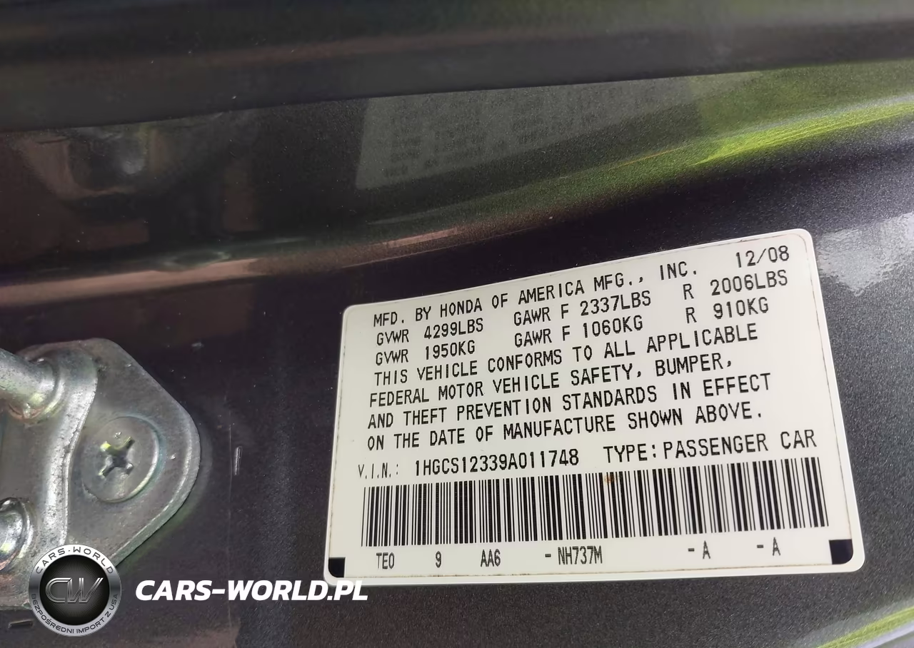 2009 Honda Accord 2.4 Lx-S VIN:1HGCS12339A011748 - 9