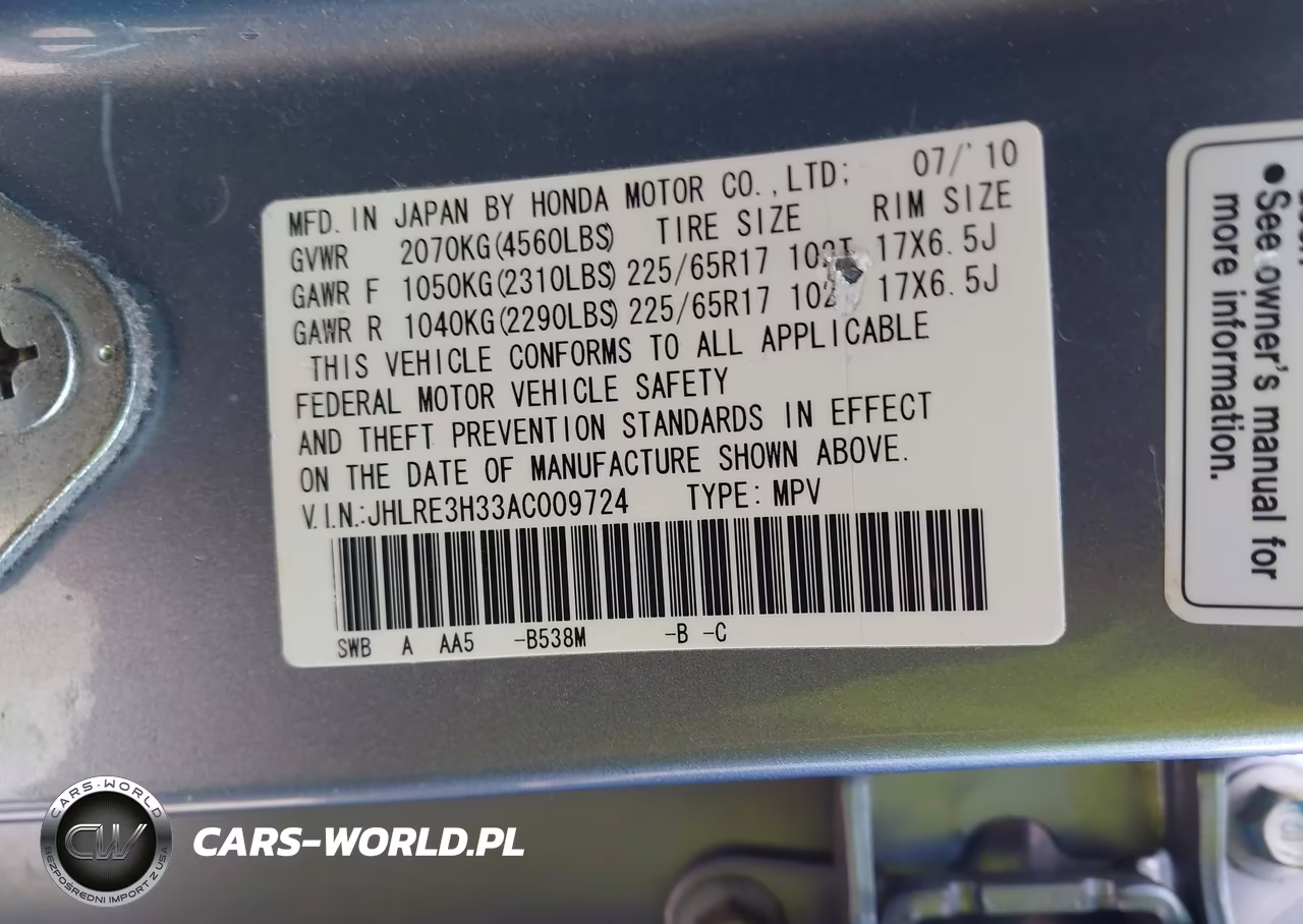 2010 Honda Cr-V Lx VIN:JHLRE3H33AC009724 - 9