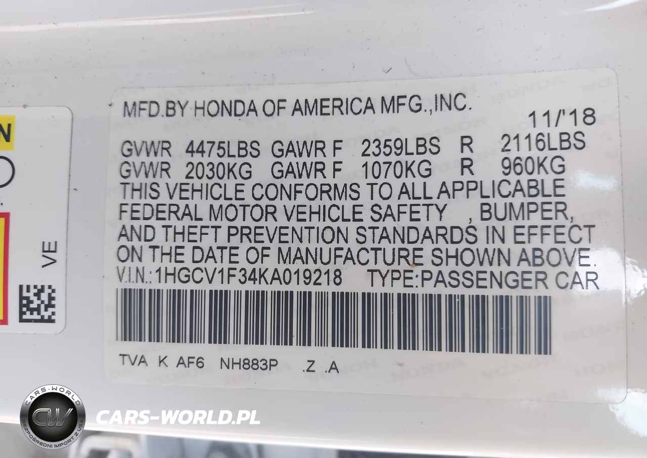 2019 Honda Accord Sport VIN:1HGCV1F34KA019218 - 9