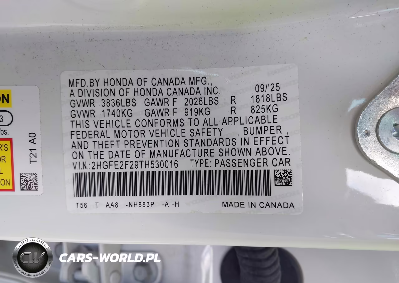 2026 Honda Civic Lx VIN:2HGFE2F29TH530016 - 9
