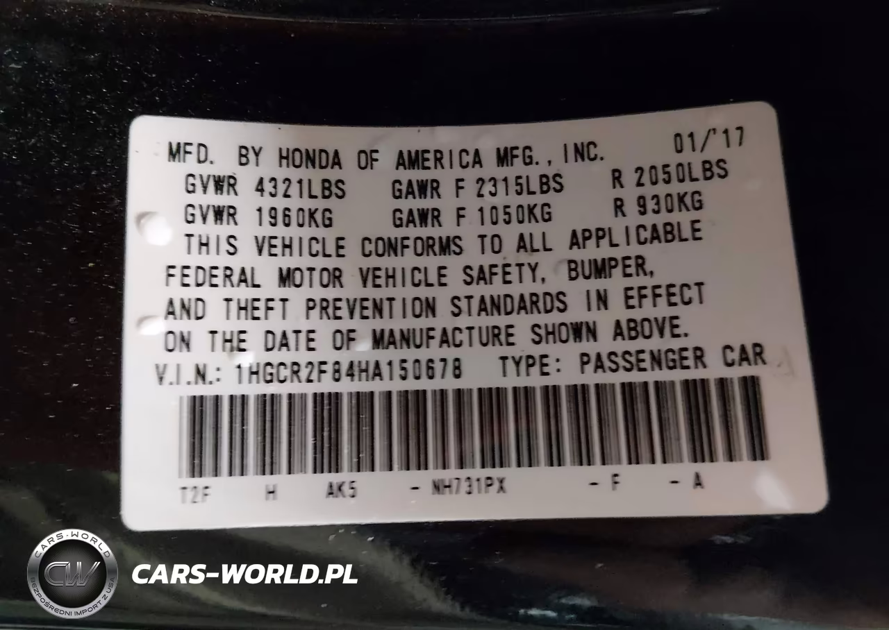 2017 Honda Accord Ex-L VIN:1HGCR2F84HA150678 - 9