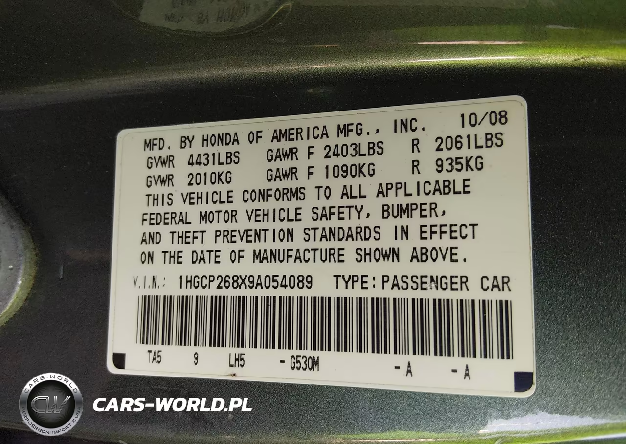 2009 Honda Accord 2.4 Ex-L VIN:1HGCP268X9A054089 - 9
