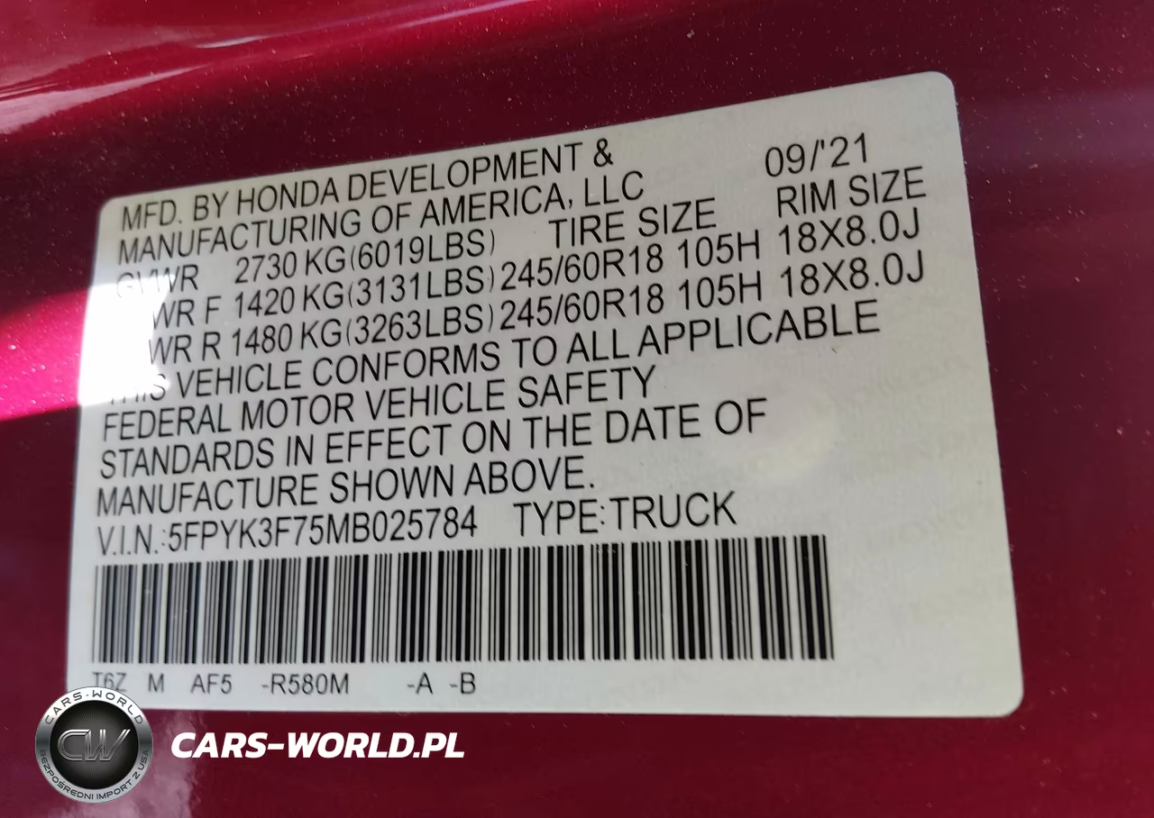2021 Honda Ridgeline Rtl-E VIN:5FPYK3F75MB025784 - 9