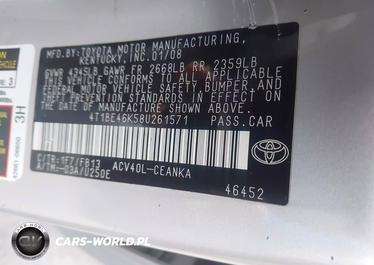 2008 Toyota Camry Le VIN:4T1BE46K58U261571 - 9