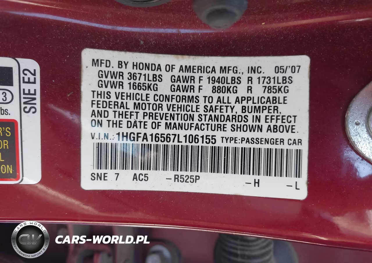 2007 Honda Civic Lx VIN:1HGFA16567L106155 - 9