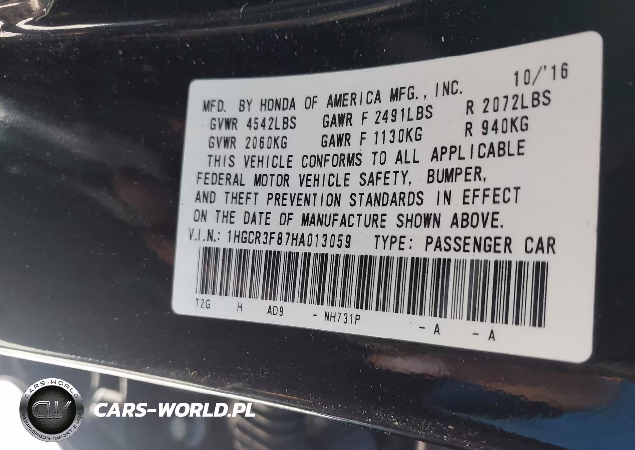 2017 Honda Accord Ex-L V6 VIN:1HGCR3F87HA013059 - 9