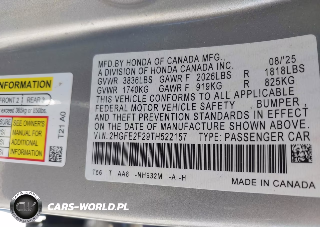 2026 Honda Civic Lx VIN:2HGFE2F29TH522157 - 9