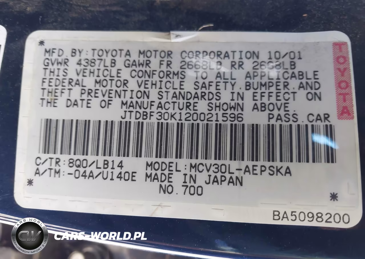 2002 Toyota Camry Se V6 VIN:JTDBF30K120021596 - 9