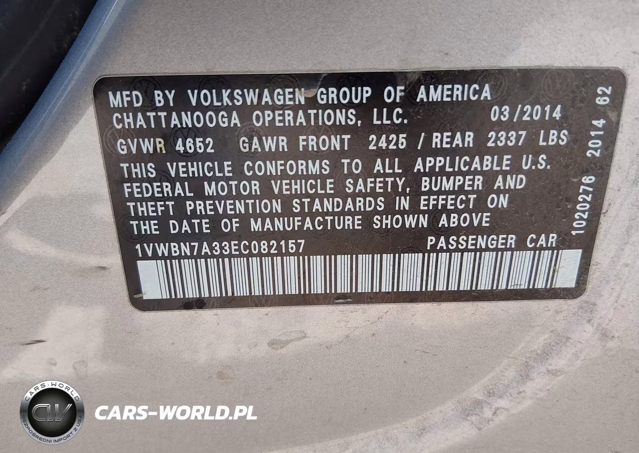 2014 Volkswagen Passat 2.0L Tdi Se VIN:1VWBN7A33EC082157 - 9