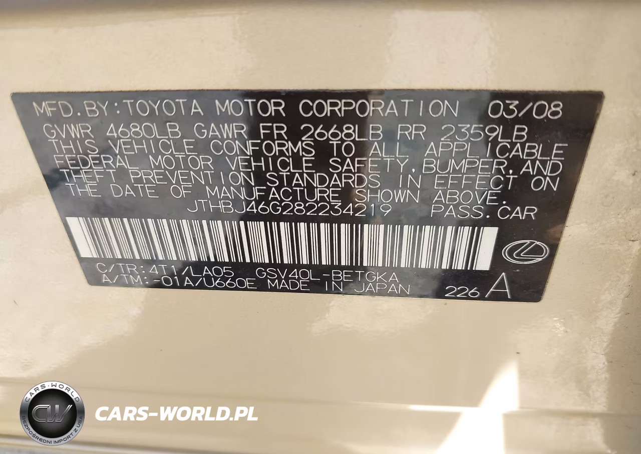 2008 Lexus Es 350 VIN:JTHBJ46G282234219 - 9