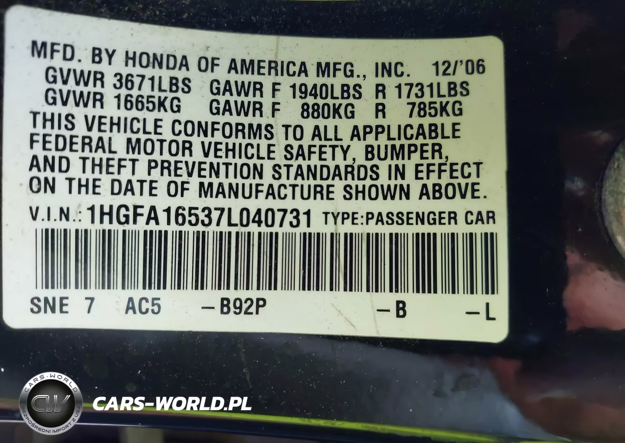 2007 Honda Civic Lx VIN:1HGFA16537L040731 - 9