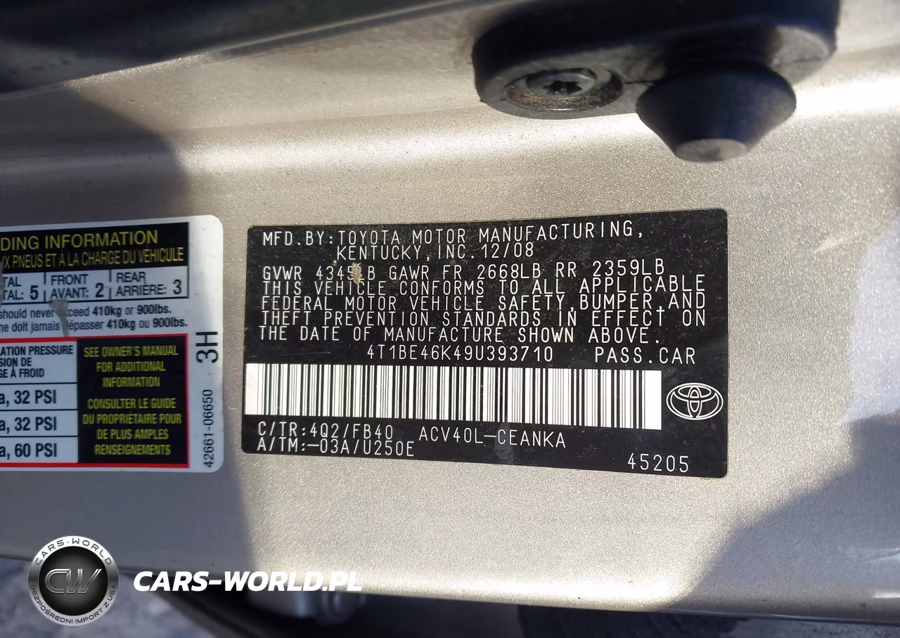 2009 Toyota Camry VIN:4T1BE46K49U393710 - 9