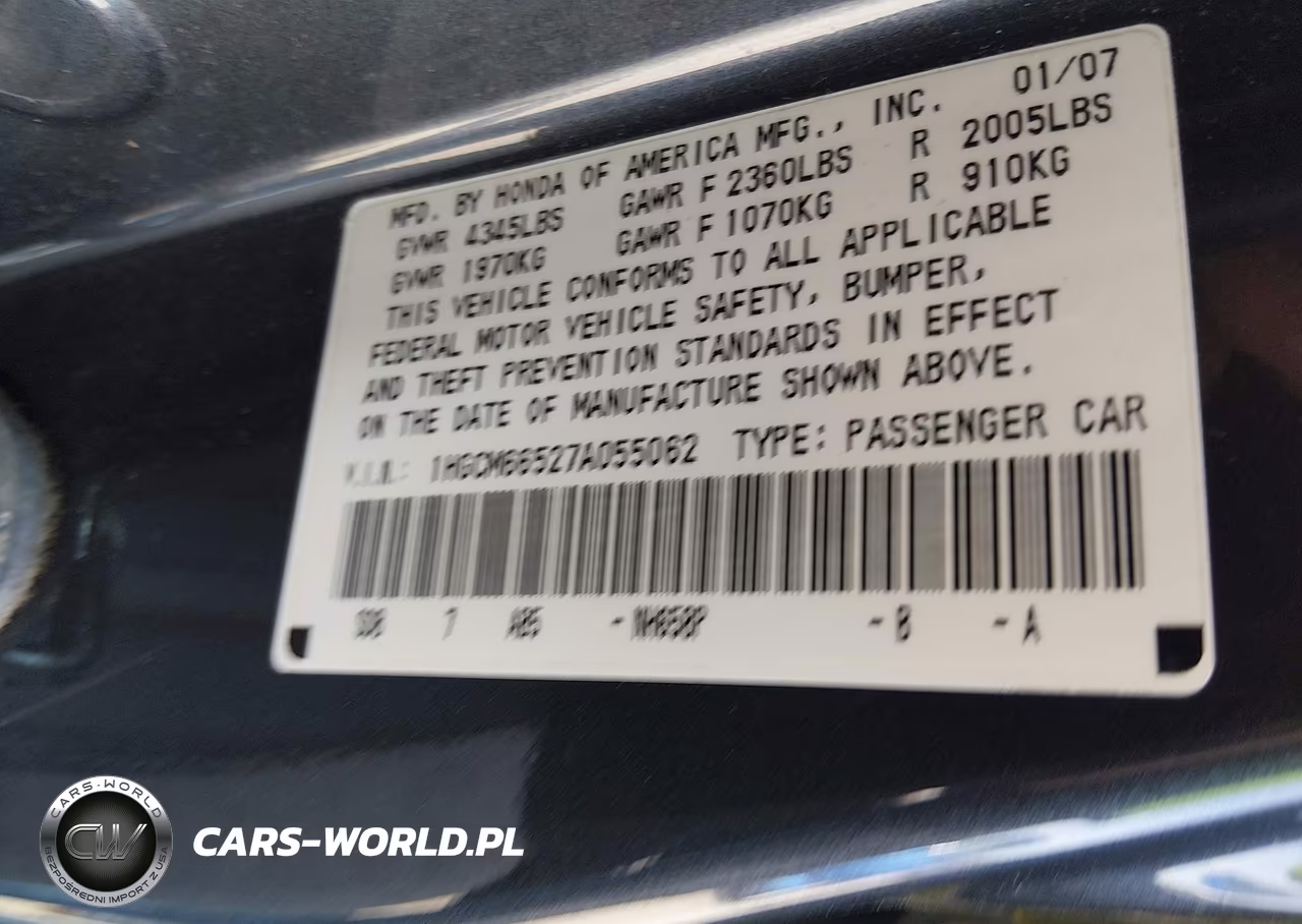 2007 Honda Accord 3.0 Ex VIN:1HGCM66527A055062 - 9