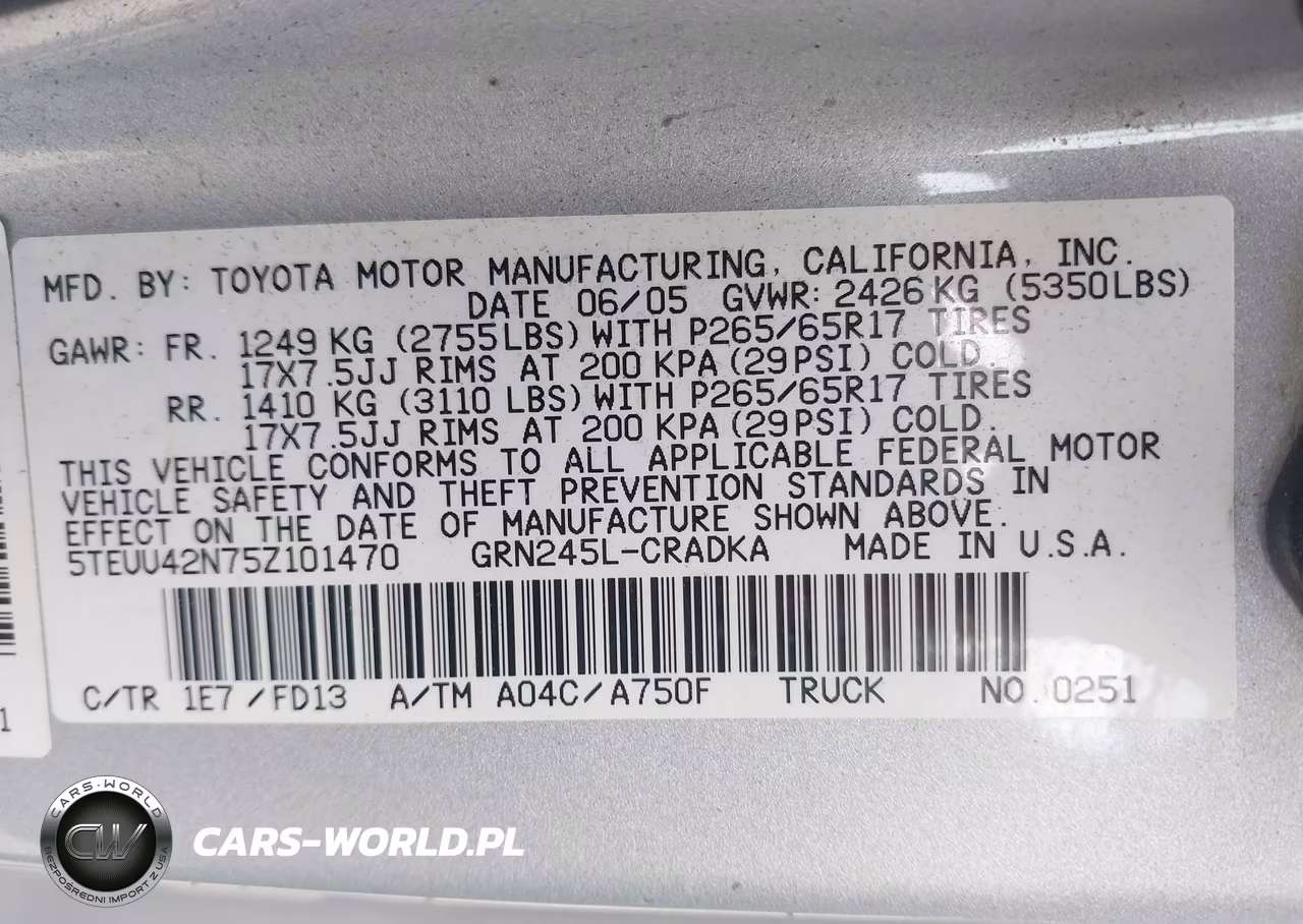 2005 Toyota Tacoma Base V6 VIN:5TEUU42N75Z101470 - 9