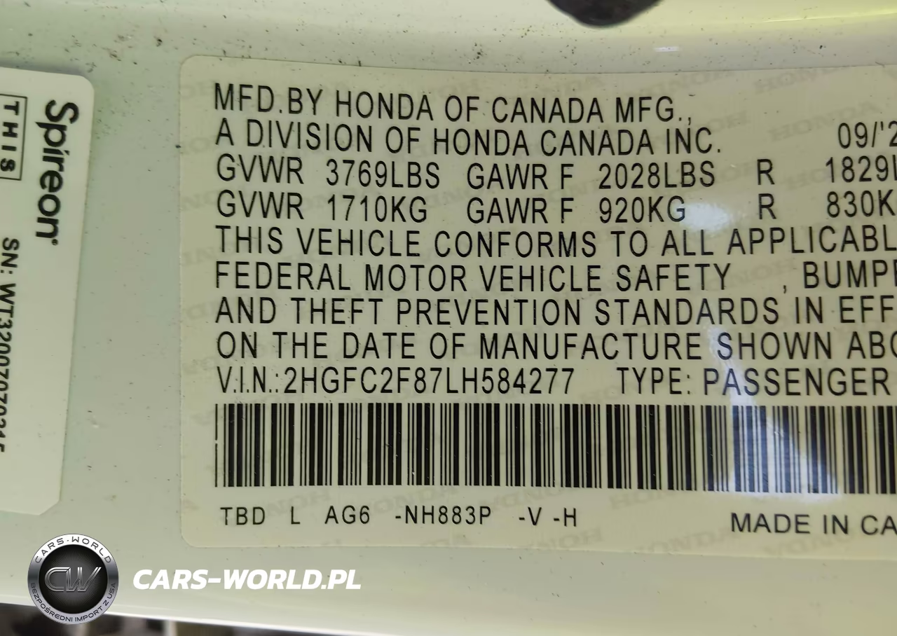 2020 Honda Civic Sport VIN:2HGFC2F87LH584277 - 9