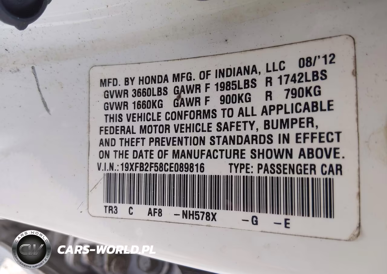 2012 Honda Civic Lx VIN:19XFB2F58CE089816 - 9