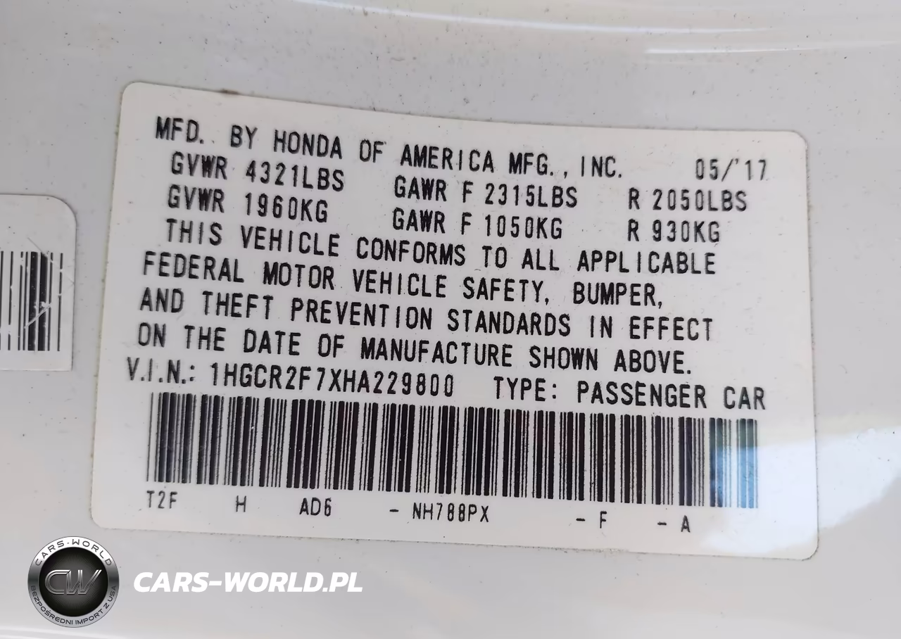 2017 Honda Accord Ex VIN:1HGCR2F7XHA229800 - 9