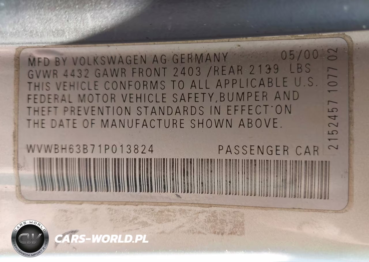 2001 Volkswagen Passat Glx VIN:WVWBH63B71P013824 - 9