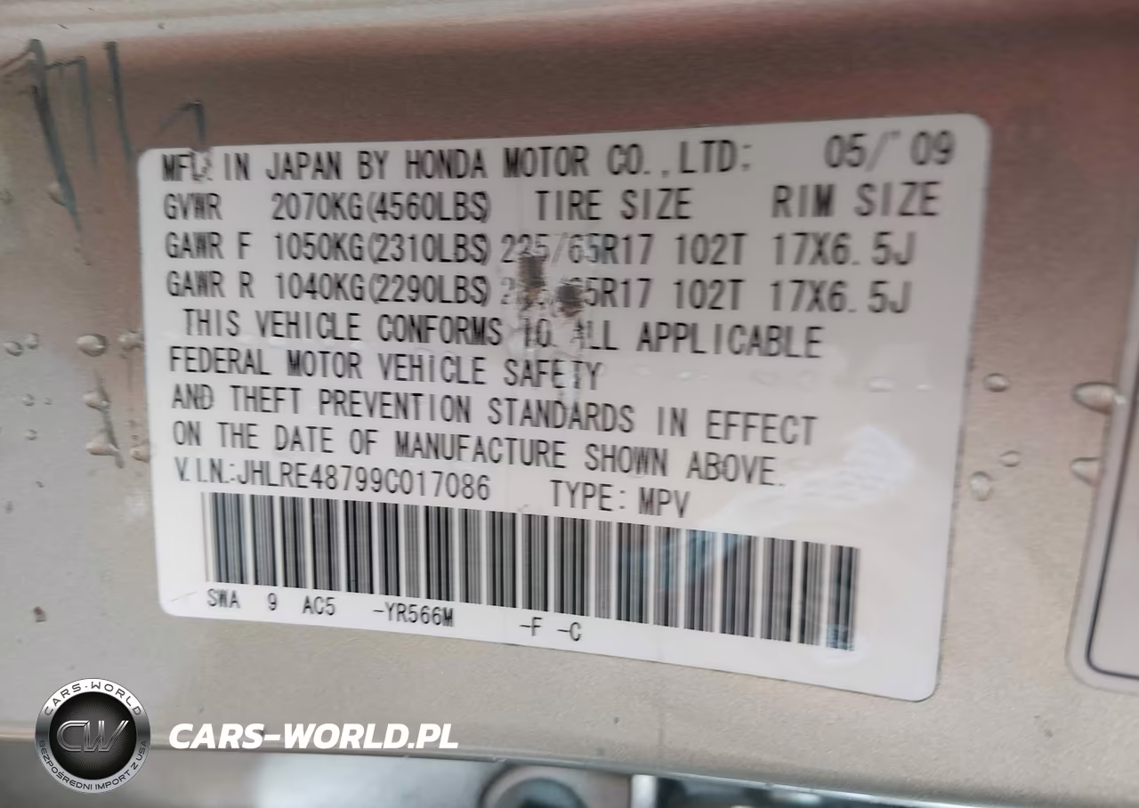 2009 Honda Cr-V Ex-L VIN:JHLRE48799C017086 - 9