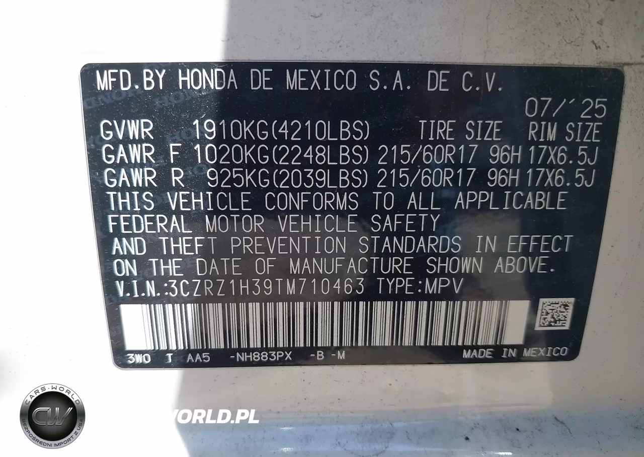 2026 Honda Hr-V 2Wd Lx VIN:3CZRZ1H39TM710463 - 9