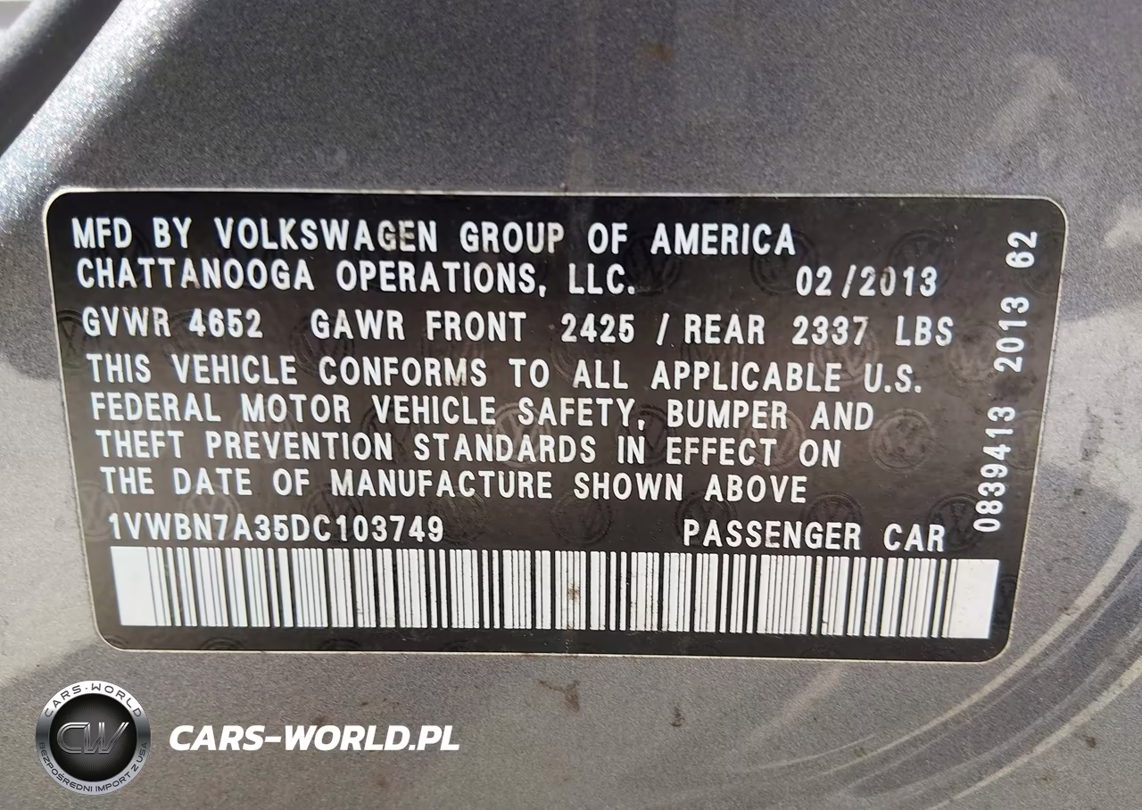 2013 Volkswagen Passat 2.0L Tdi Se VIN:1VWBN7A35DC103749 - 9