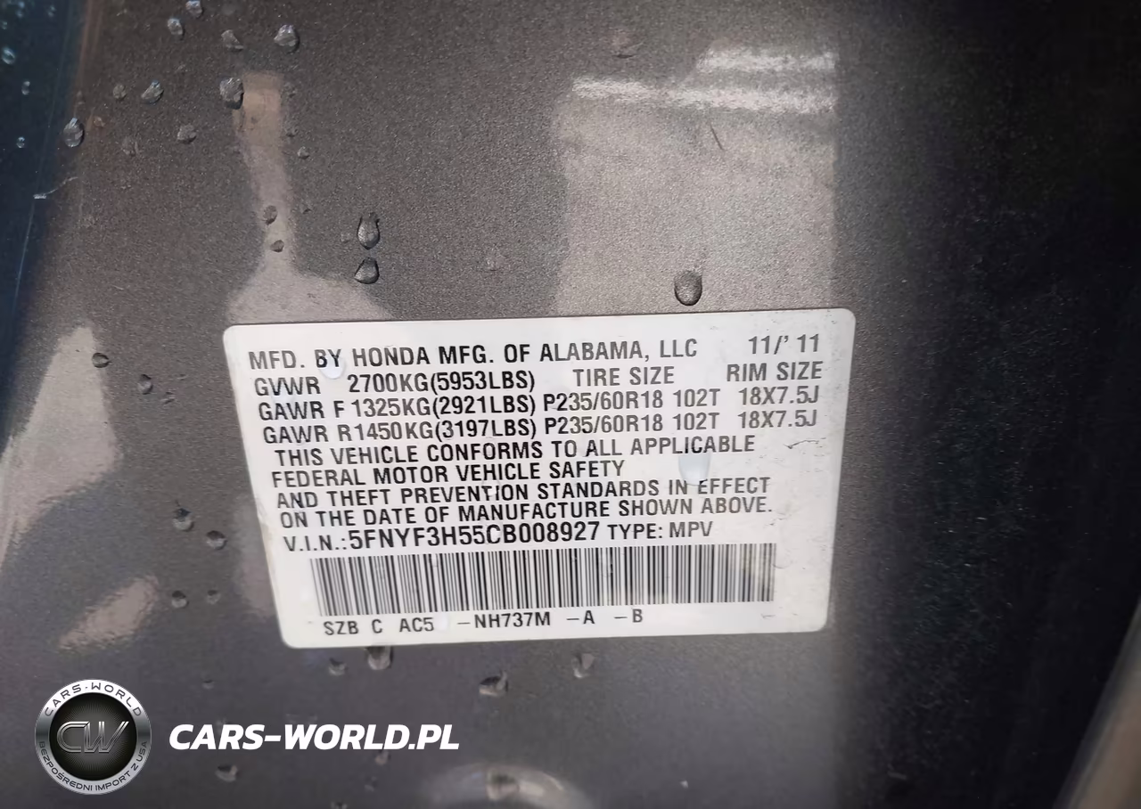 2012 Honda Pilot Ex-L VIN:5FNYF3H55CB008927 - 9