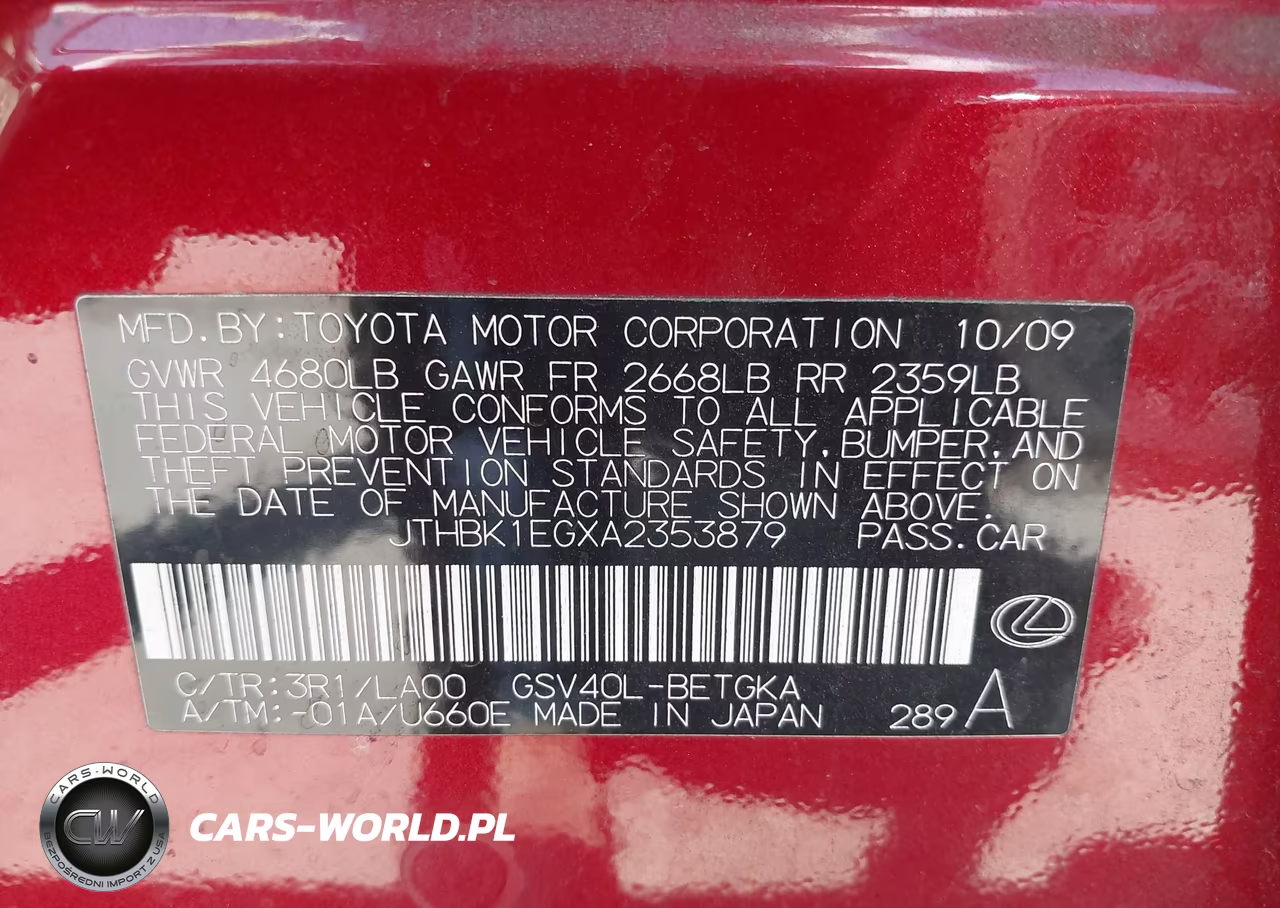 2010 Lexus Es 350 VIN:JTHBK1EGXA2353879 - 9